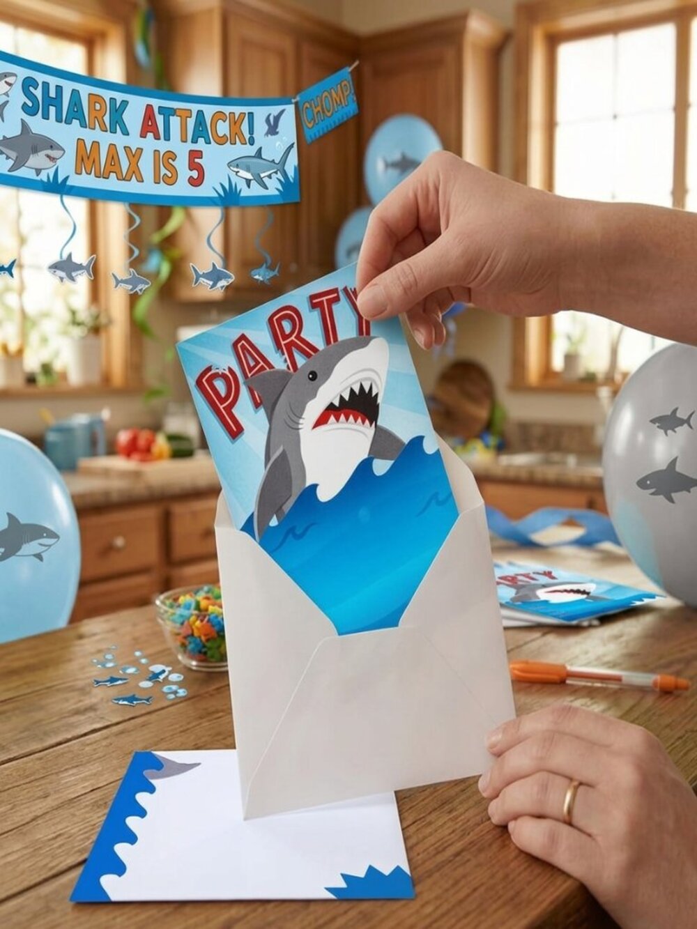 10ct Shark Birthday Party Invitations w/ Envelopes Kids Under the Sea Theme